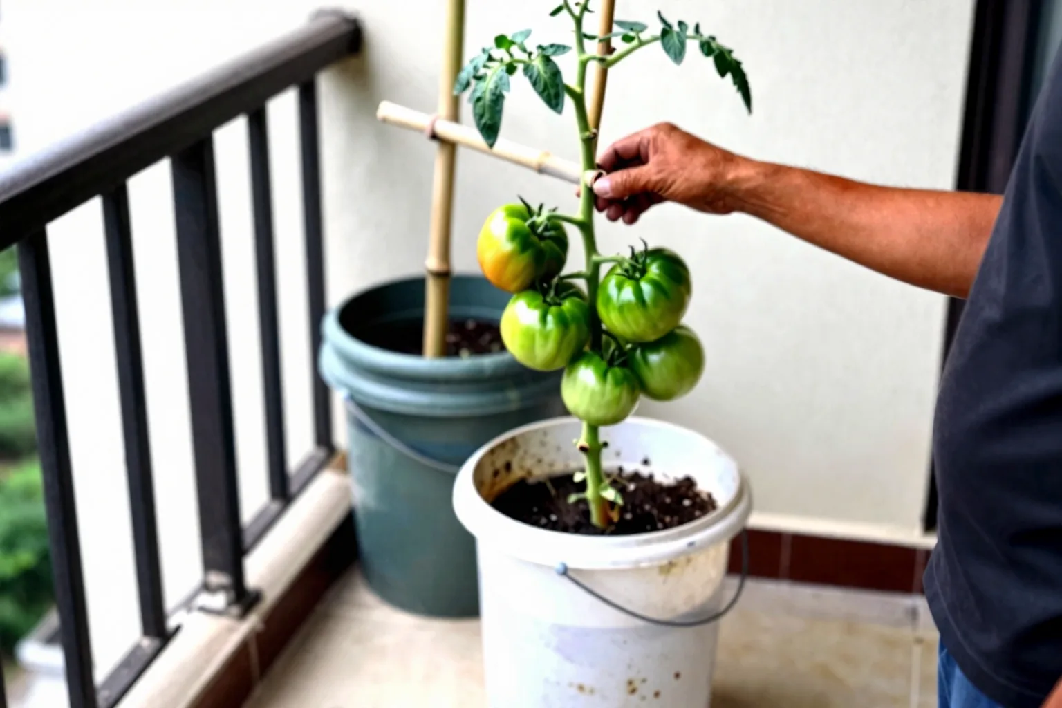 A staked tomato plant in a bucket sits securely on a balcony floor beside the railing.