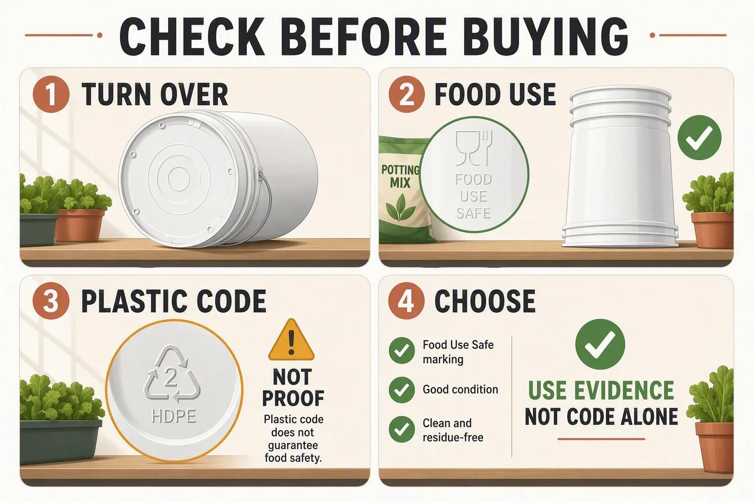 Bucket label callouts separate food-use wording from general plastic markings.