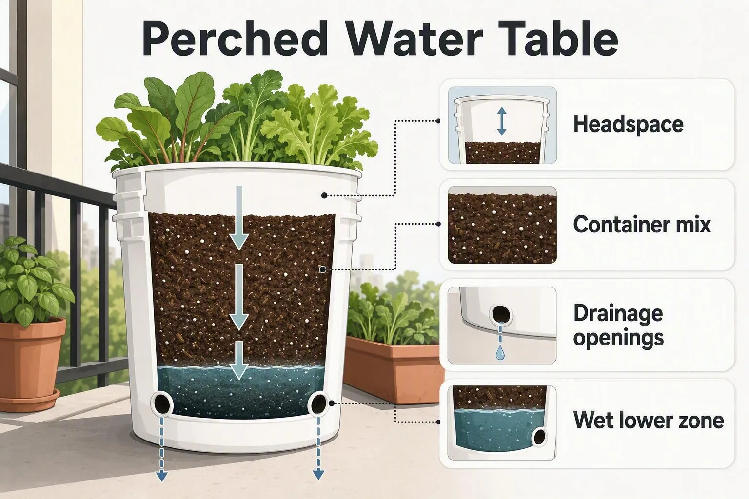 Cross-section of a bucket planter showing mix above drainage holes and a wet lower zone.