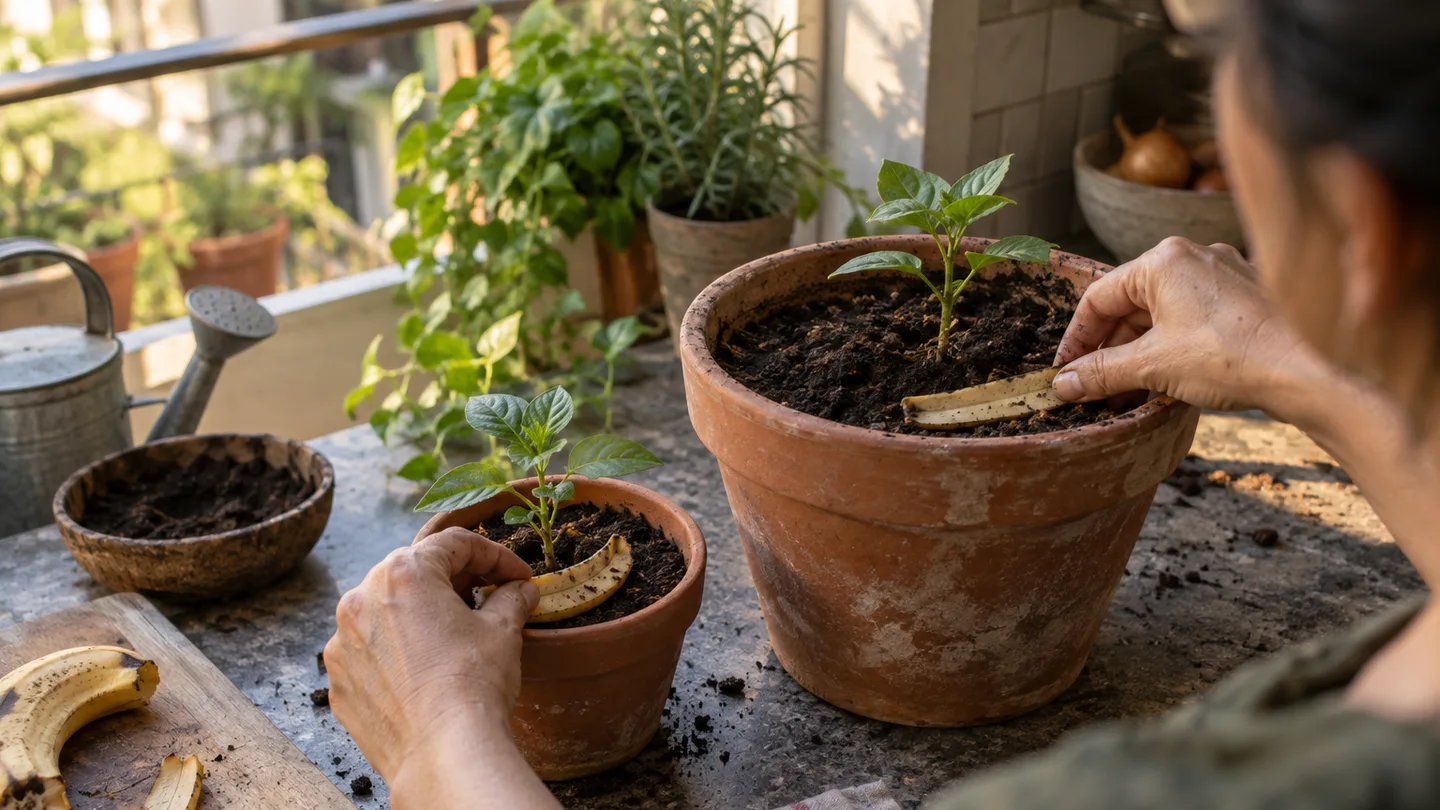 Two potted seedlings receive equal peel pieces, showing how the same scrap takes up more of a small pot’s limited soil.