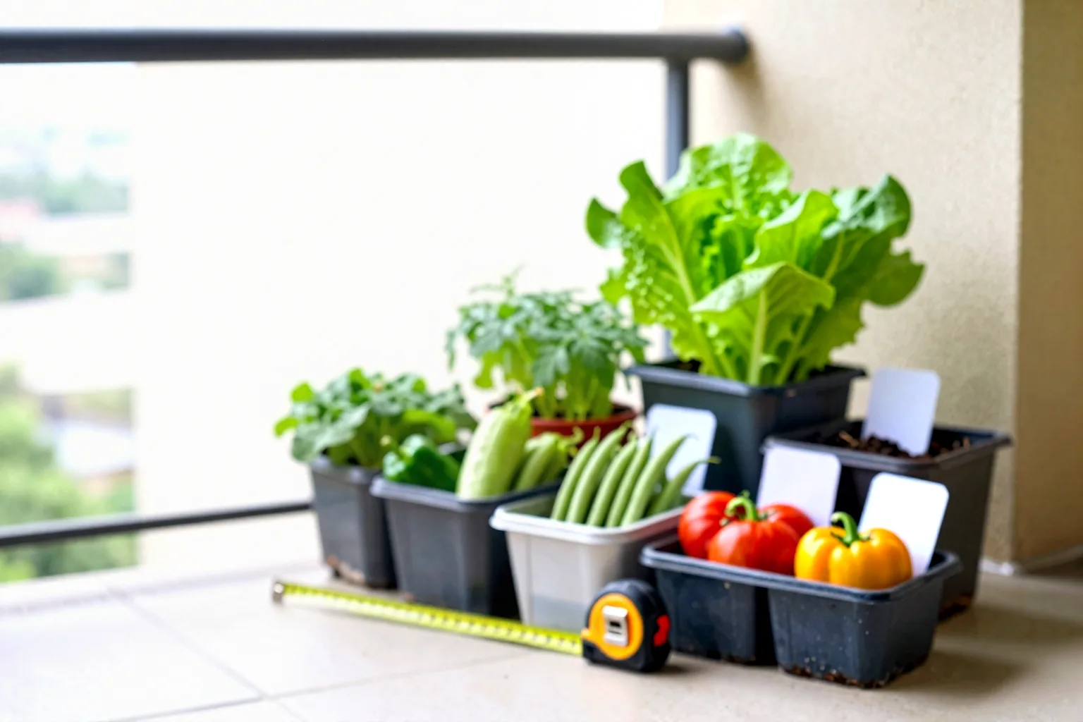 Nine vegetable containers of different sizes arranged on a sunny balcony.