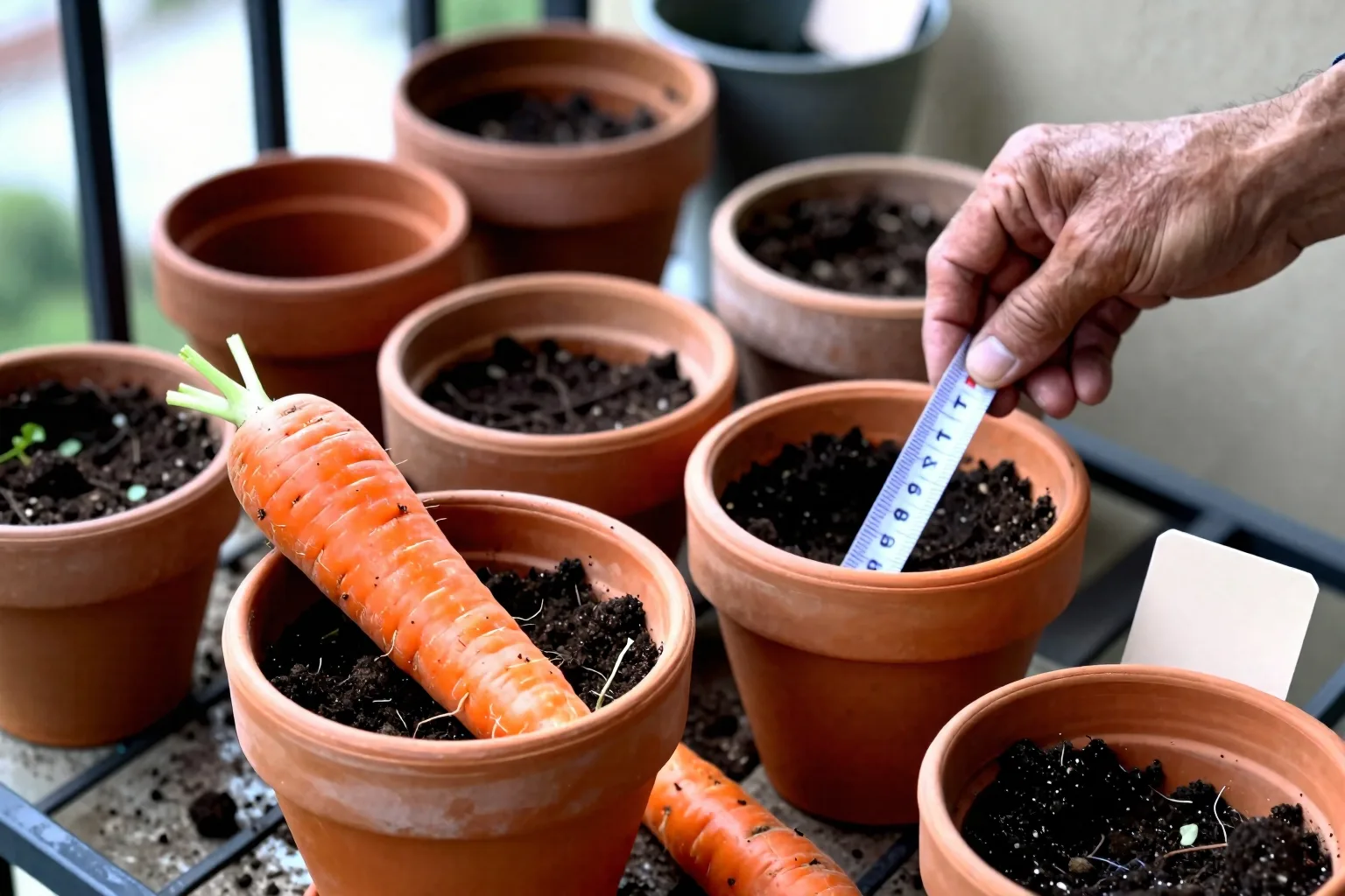 Short and long carrots lie beside pots of different depths.