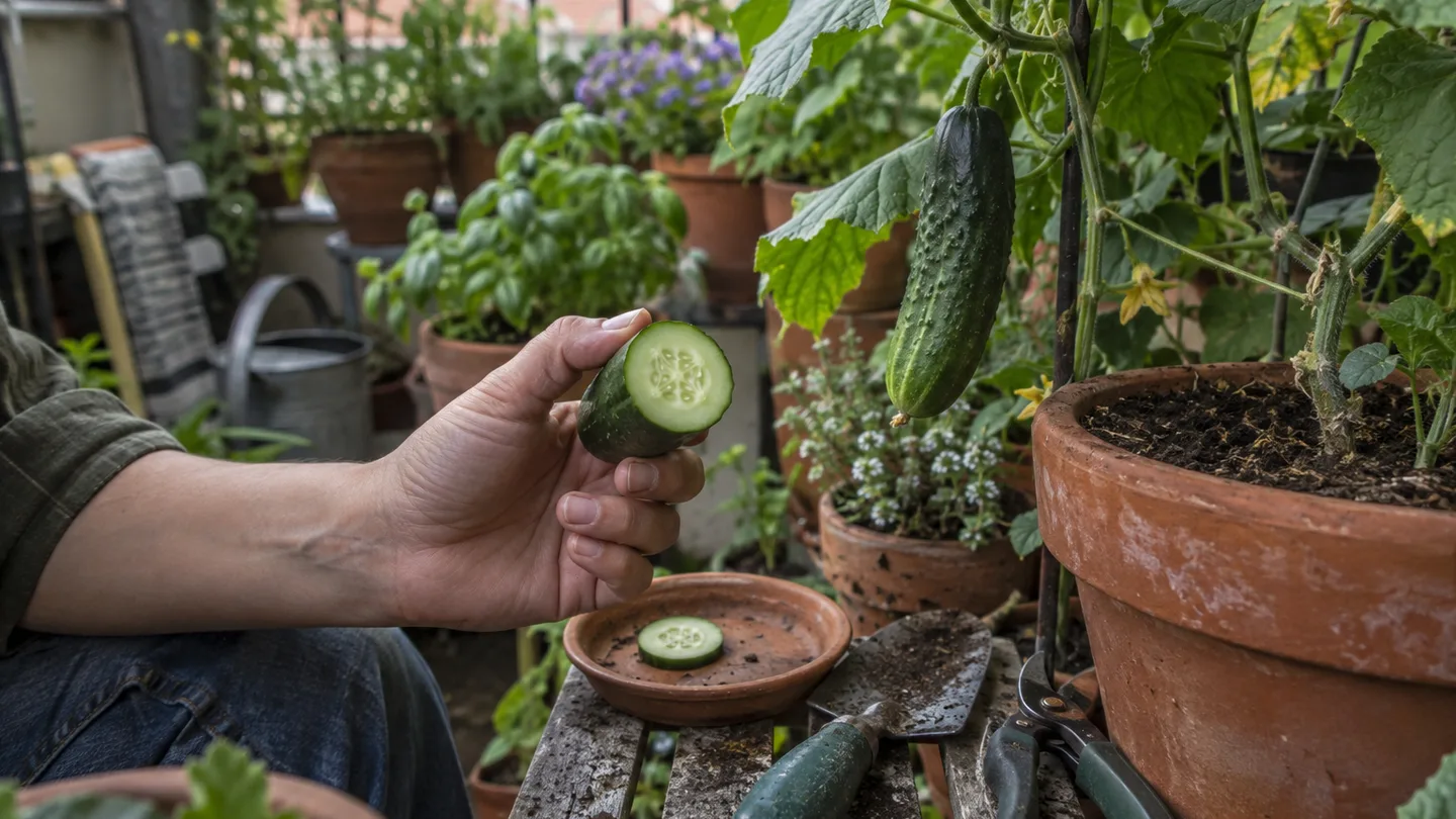 Fresh cucumber cut near the stem end beside an uncut cucumber.