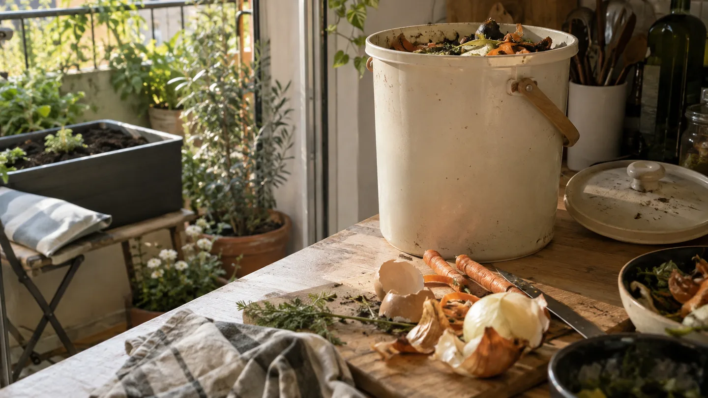 A closed bokashi bucket sits beside a lidded tote prepared for finishing scraps.