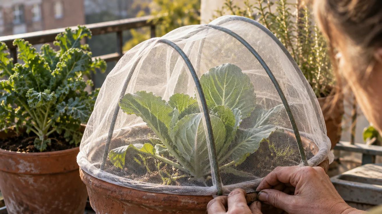 A hand tucks fine mesh around a potted cabbage, with the hoops and sealed rim clearly visible.