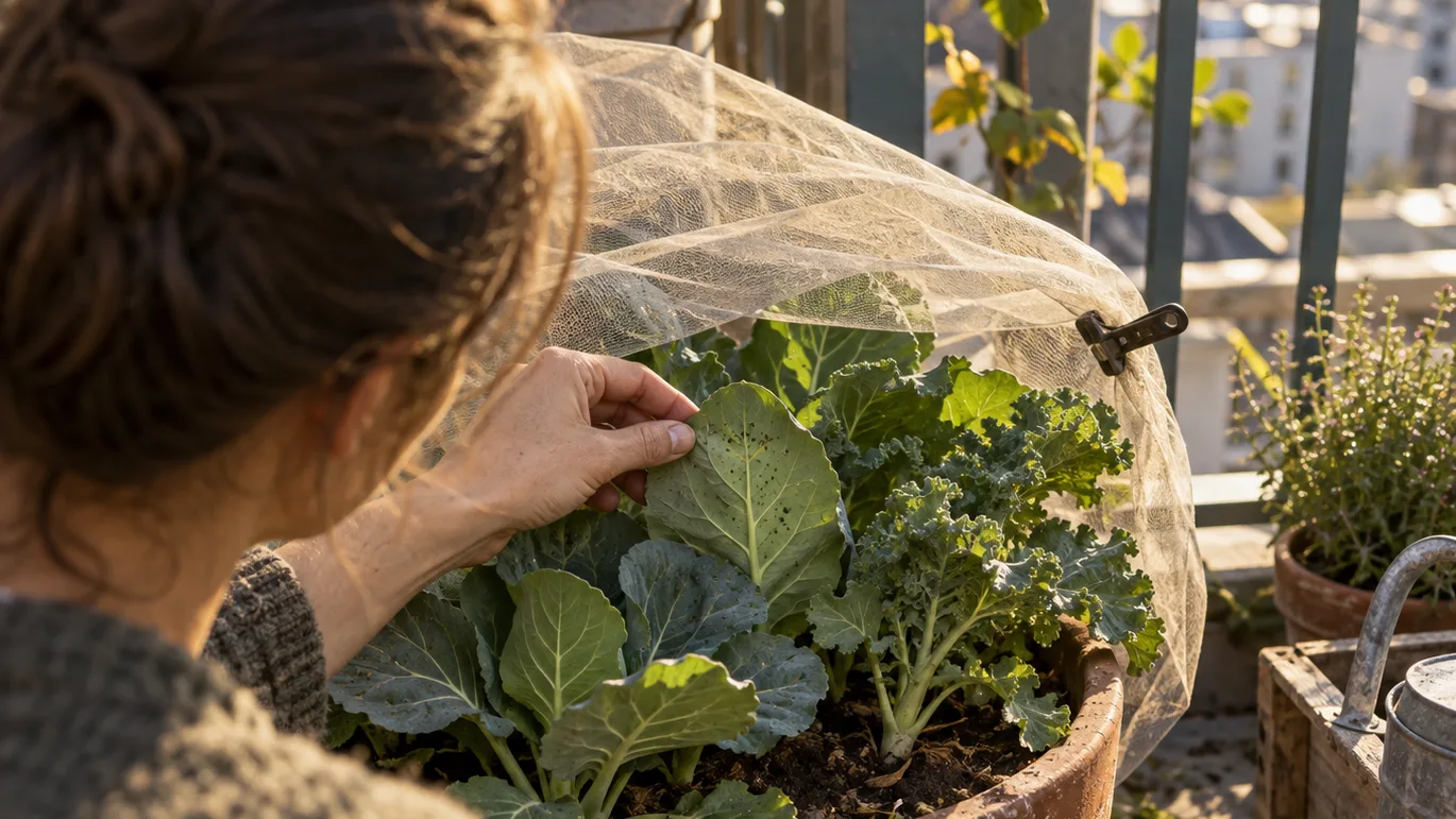 A covered pot of cabbage sits ready for daily checks of the leaves’ undersides.