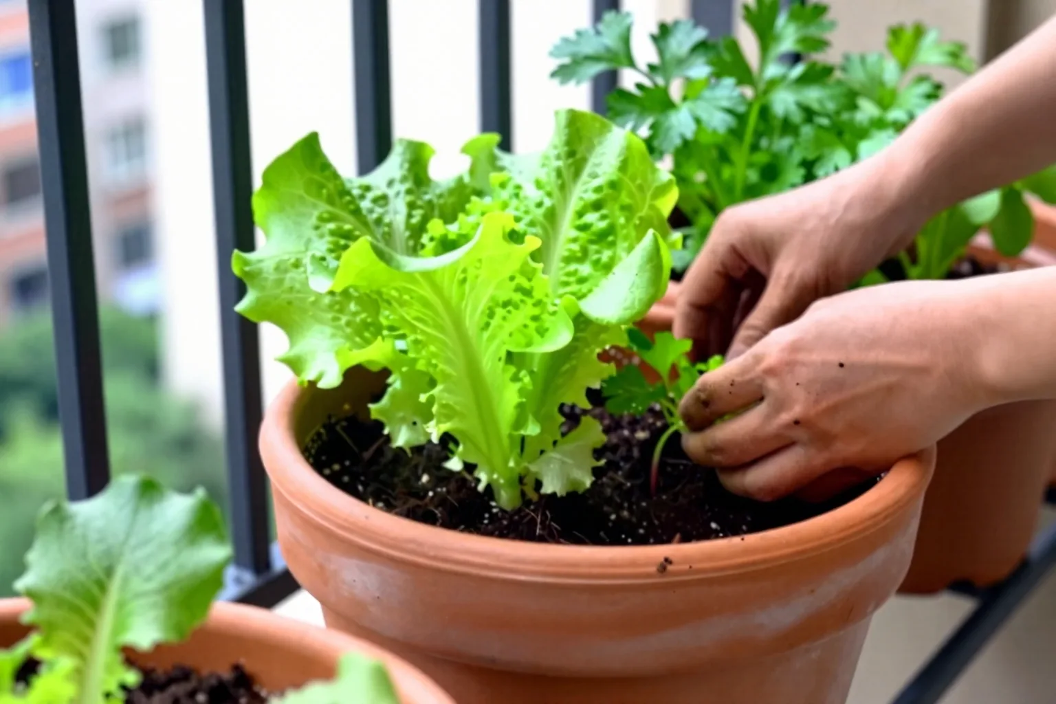 A small balcony pot holds leafy greens and herbs, showing how several edible crops can share limited space.