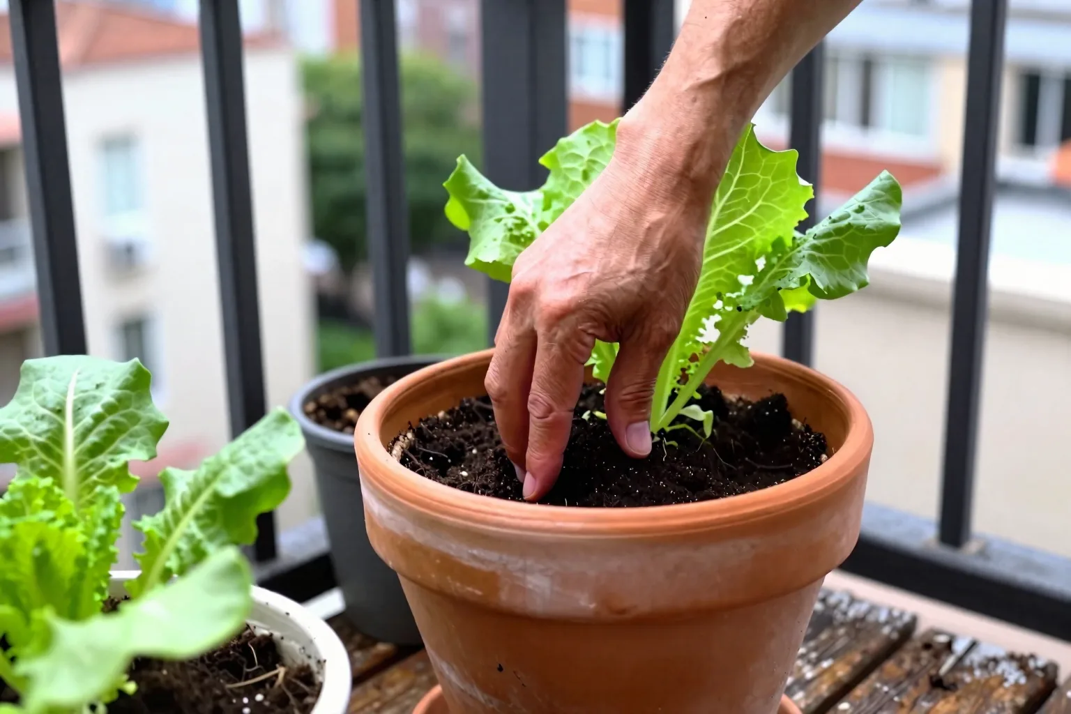 A hand checks the soil of a leafy vegetable pot before deciding whether to water it.