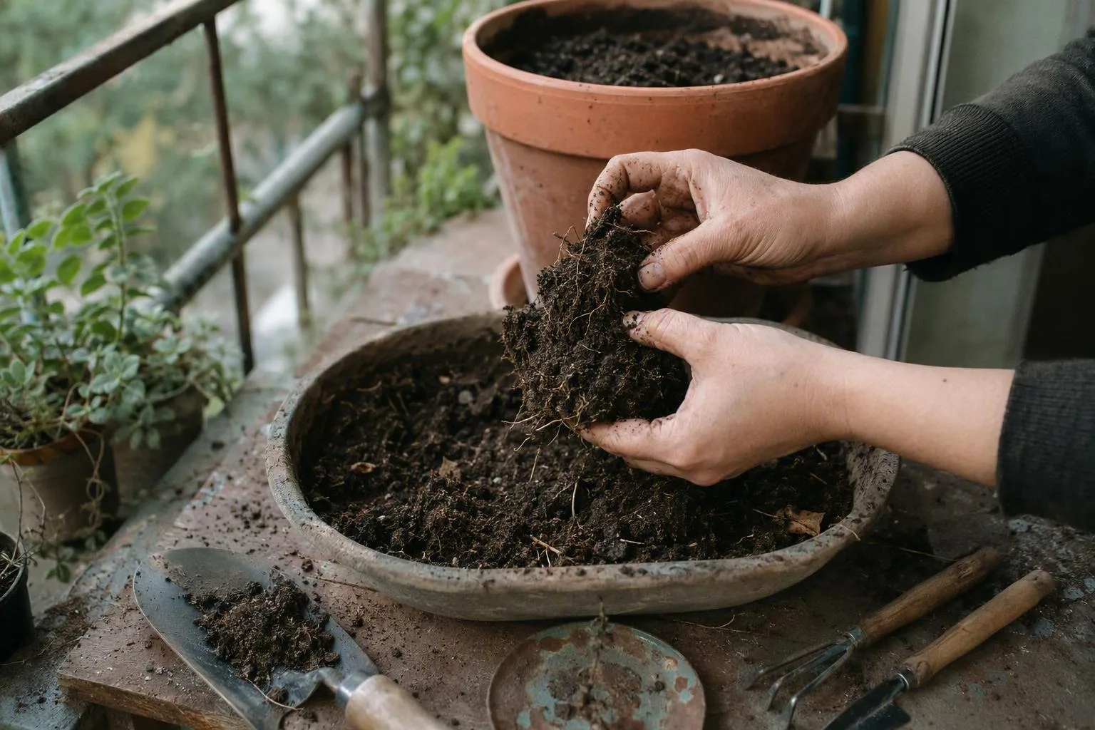 Hands inspect old potting mix and roots in a tray beside an emptied balcony pot before reuse.