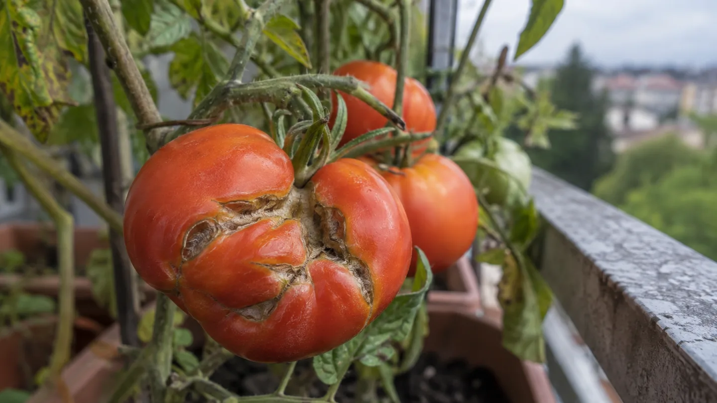 A ripe tomato shows deep puckers and fused lobes beside smoother fruit on a balcony plant.