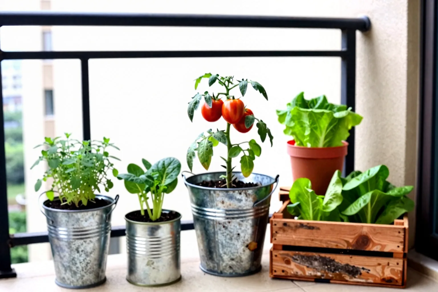 A compact balcony uses old household vessels to grow herbs, leafy greens, and a tomato plant in a low-cost garden.
