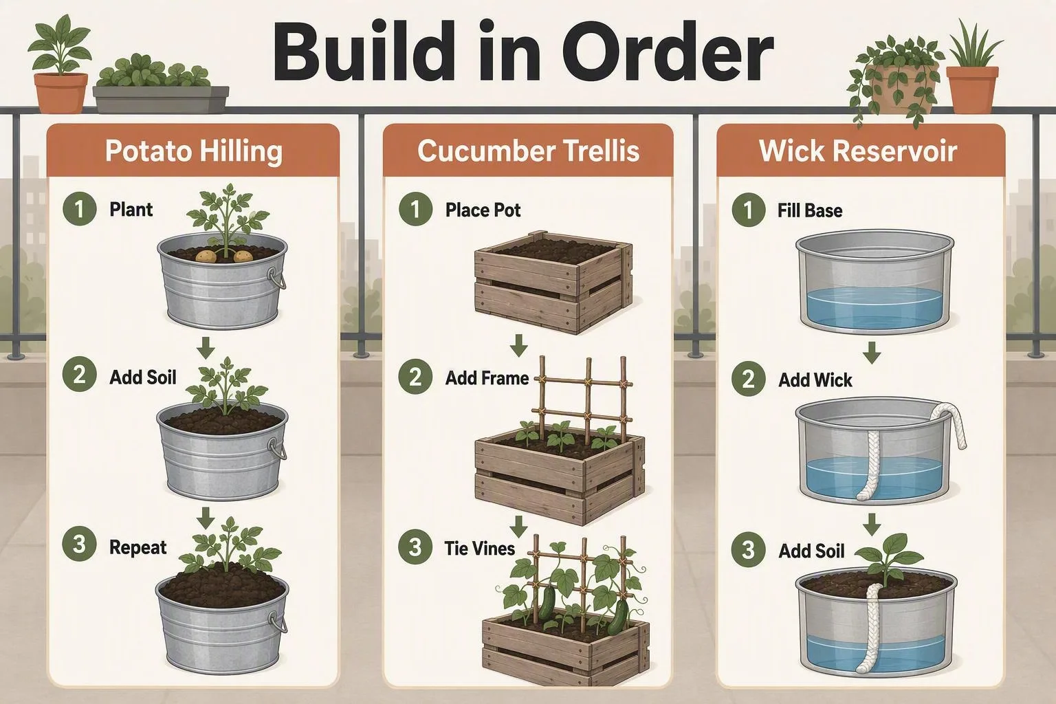 Cutaway shows potato mix layers, a supported cucumber and a reservoir feeding potting mix.