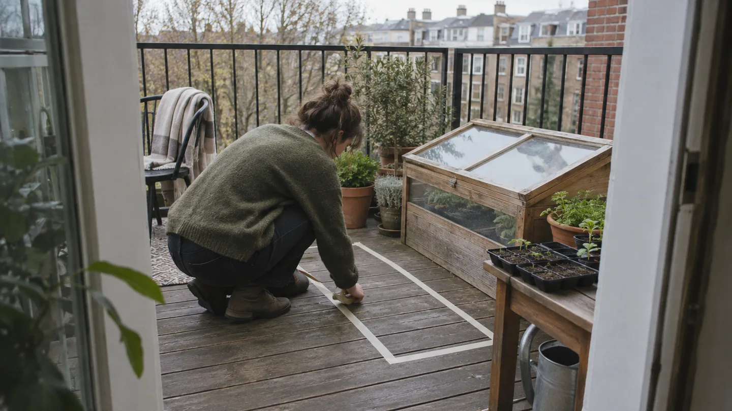 Tape marks a cold-frame footprint while leaving a clear path to the balcony door.