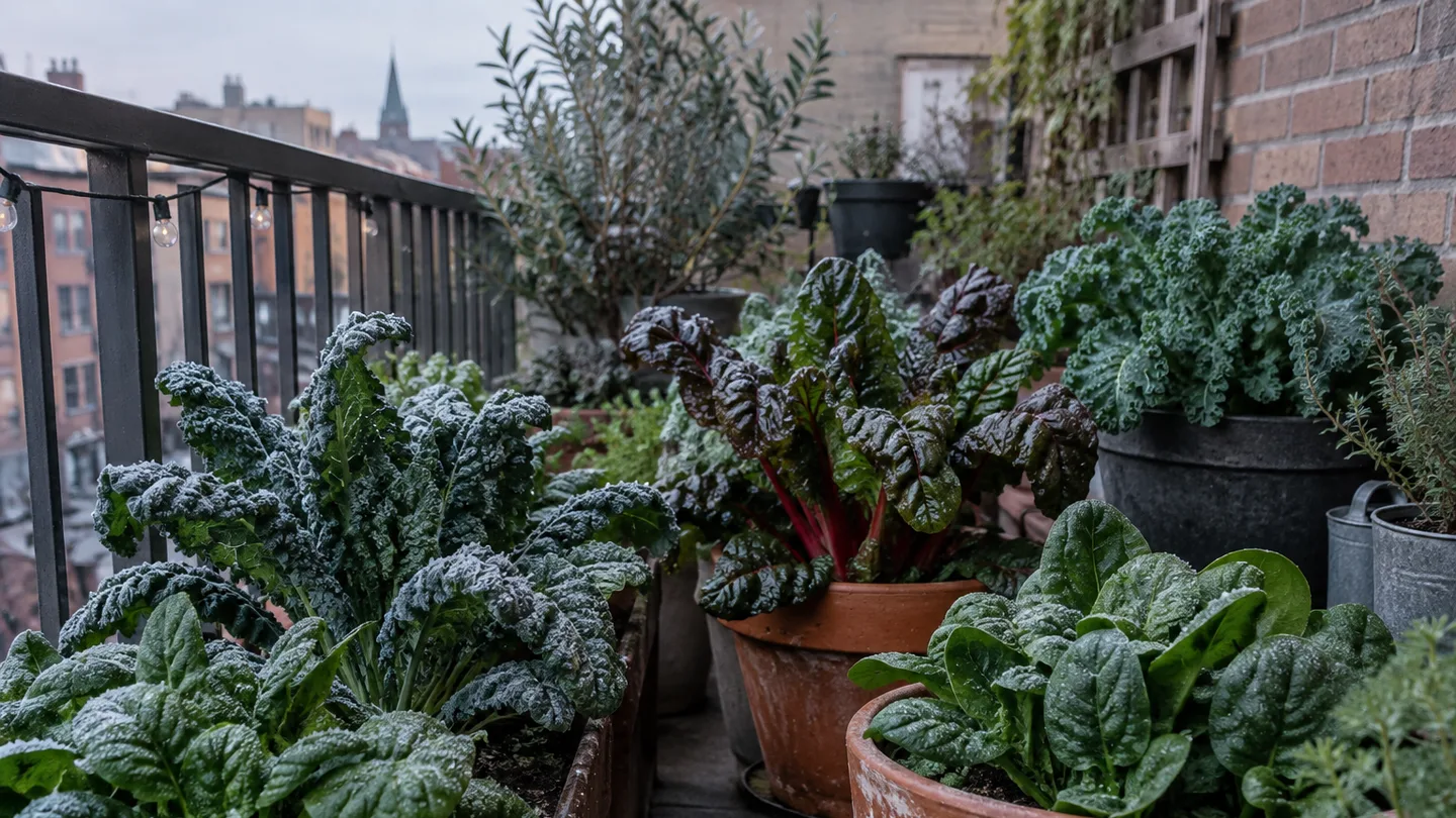 Kale, spinach, and chard grow in pots beside a sheltered balcony wall, showing crops suited to chilly weather.