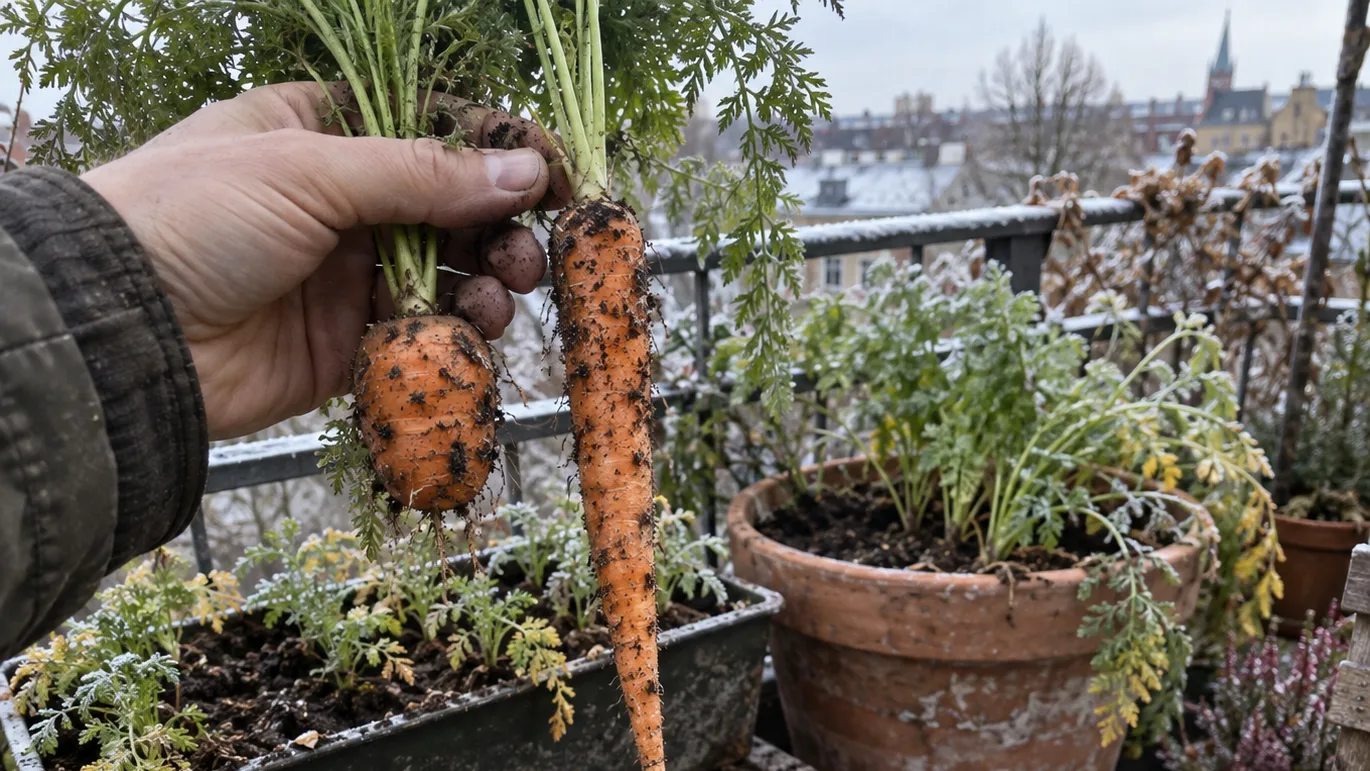 A short carrot and a long carrot sit beside shallow and deep planters, showing which containers suit each root.
