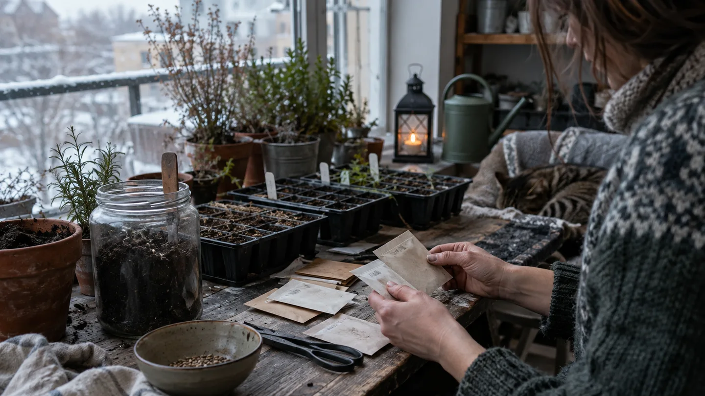 A balcony gardener sorts seed packets beside trays and damp growing medium while considering which seeds need a winter chill.