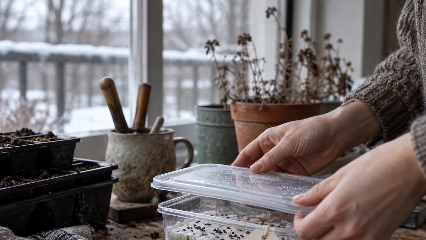 A hand lids a tagged container of damp seed-starting mix prepared for chilling.
