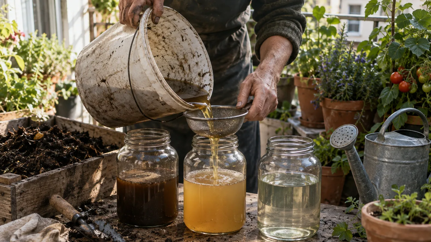 Hands separate a bucket of homemade compost liquid into three clear vessels beside potted plants.