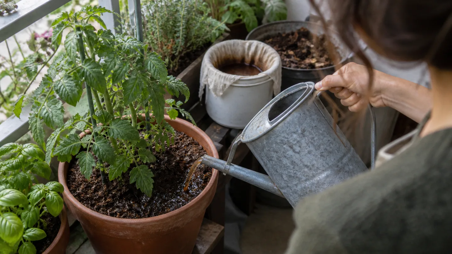 A hand pours strained liquid into damp soil around a potted plant while keeping its leaves dry.