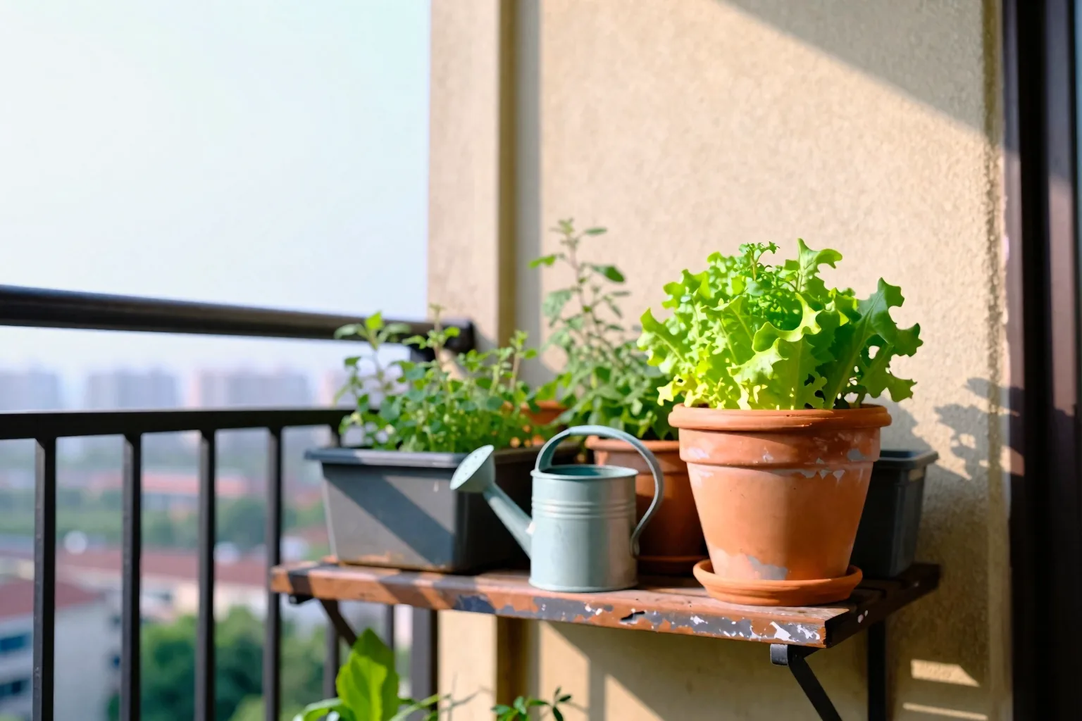 Vegetable and herb pots of different sizes crowded along a sunny balcony against a brick wall.