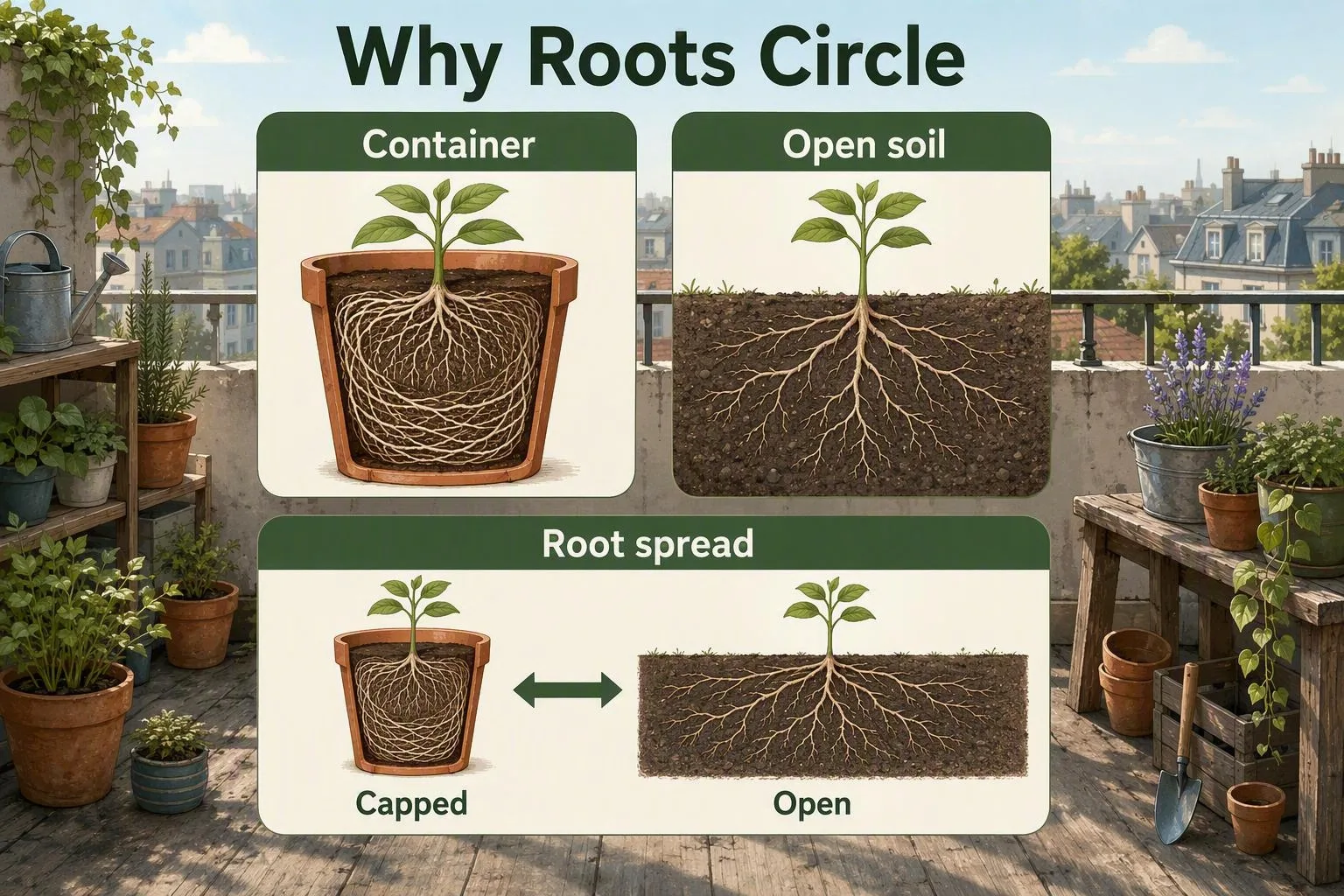 Side-by-side cutaway drawing showing roots circling inside a pot and roots spreading outward in open ground.