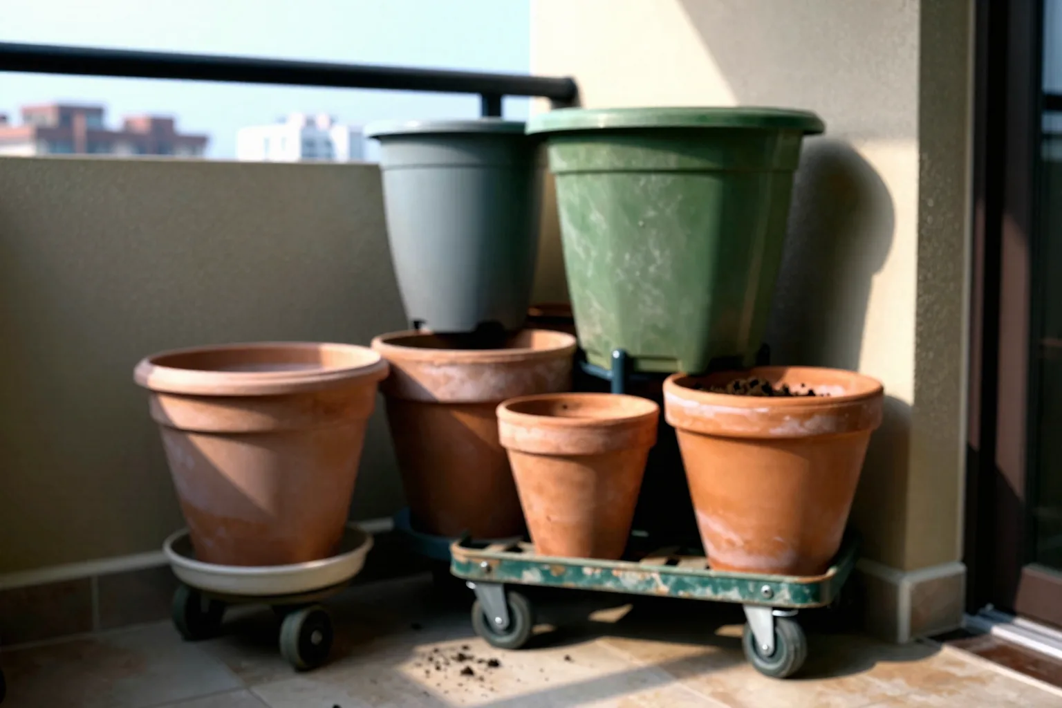 Large planted containers grouped close to a balcony wall, with one pot resting on a low wheeled caddy.