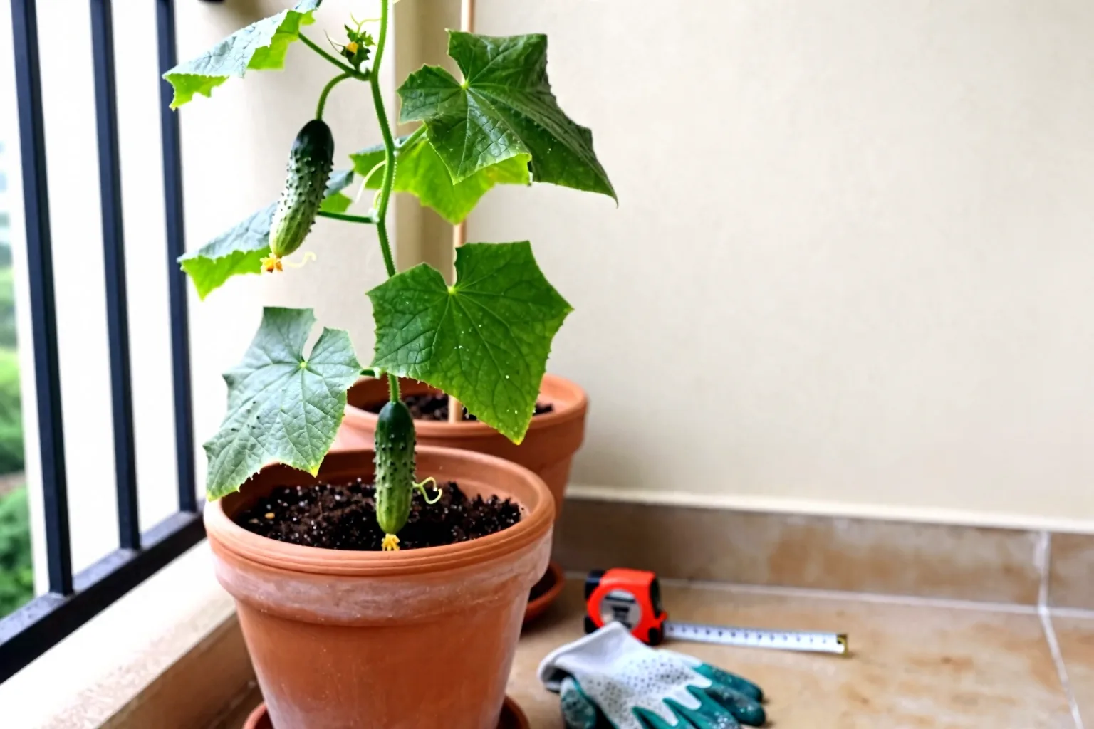 A cucumber vine climbing a wooden trellis out of a large plastic pot on a sunny balcony.