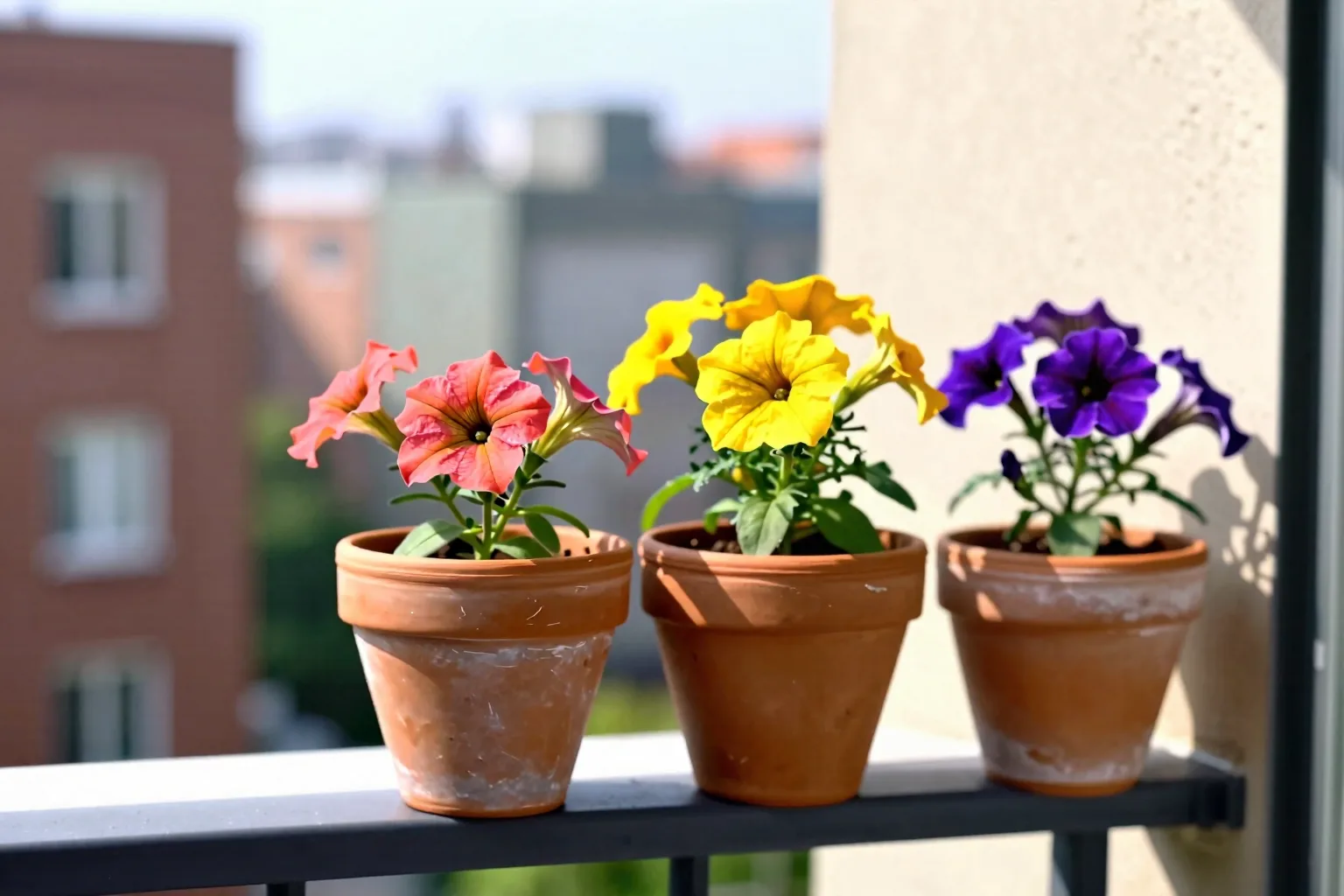 Three small balcony pots display sweet alyssum, lobelia and viola in bloom.