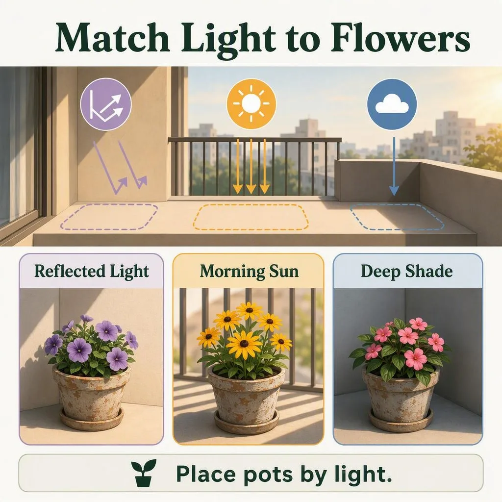 Balcony diagram showing a bright wall, morning-sun edge and darkest sheltered corner.