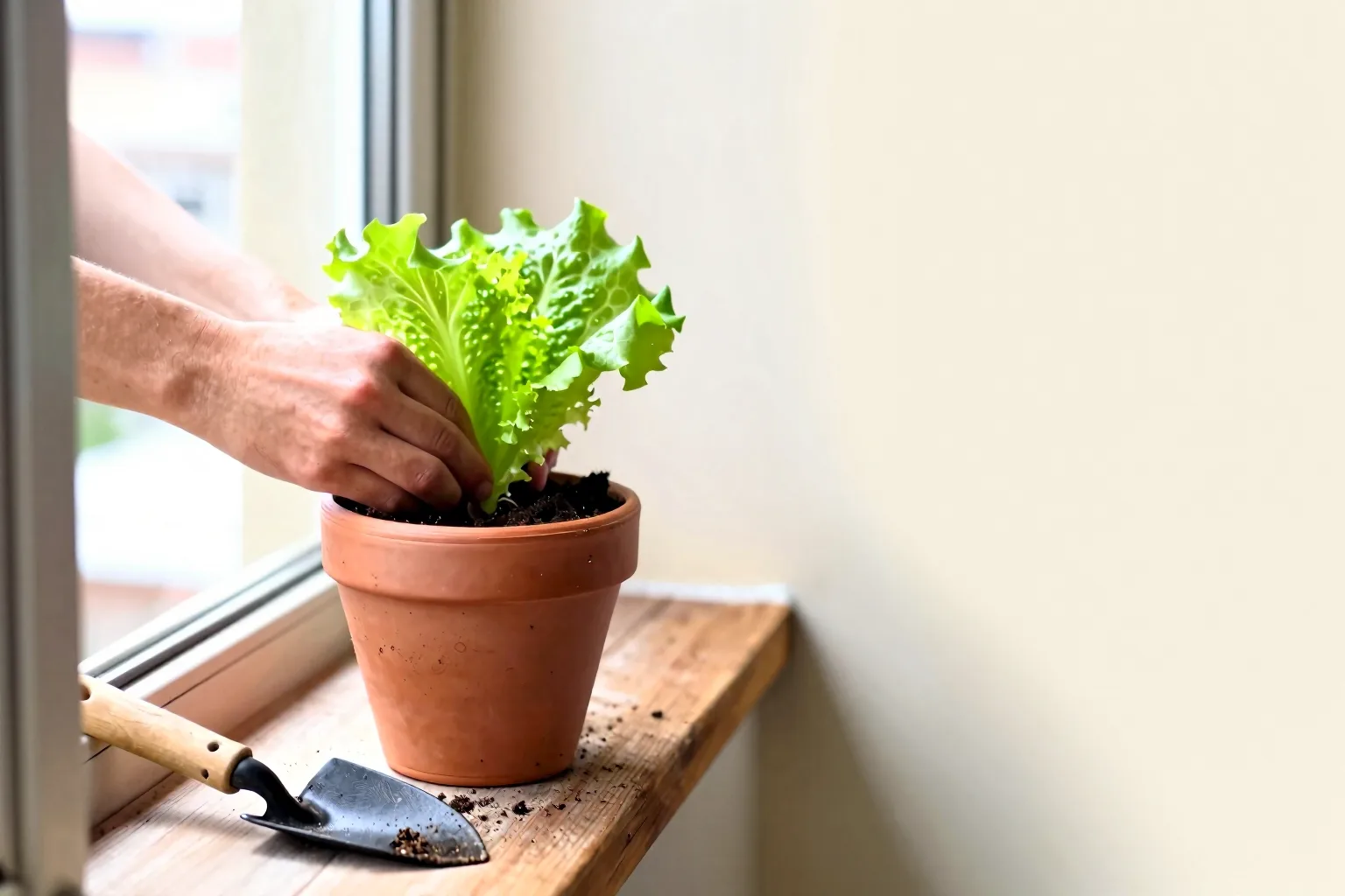 One lettuce pot sits on a small balcony where sunlight reaches the floor.