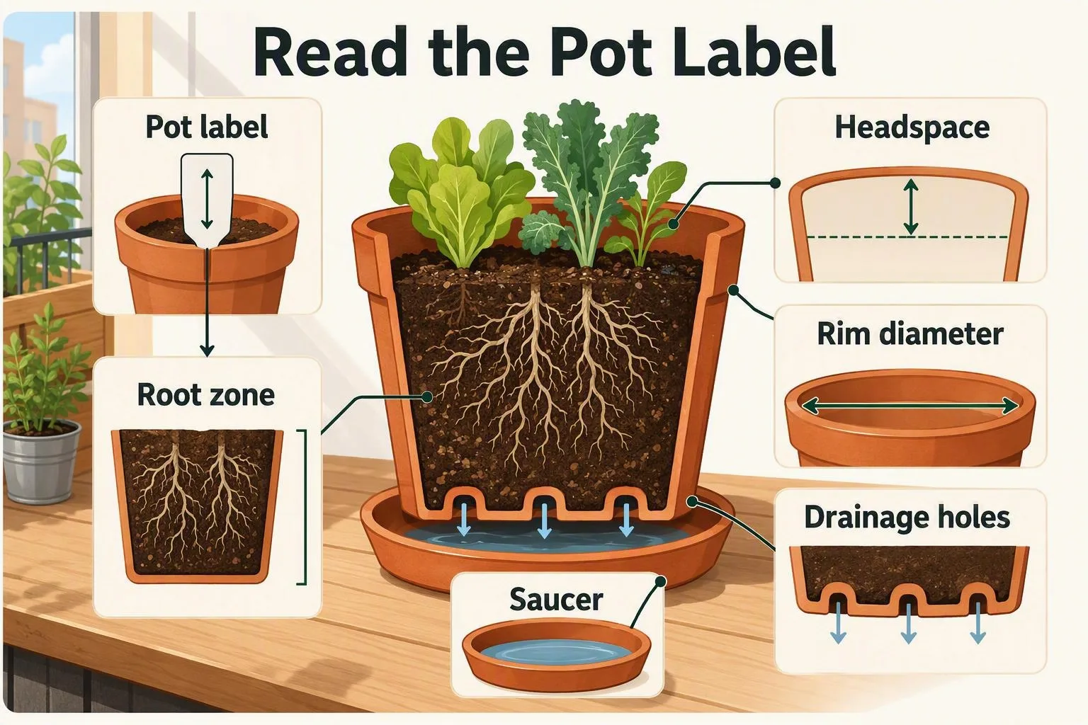 A cutaway pot shows loose mix above open drainage holes and a saucer.