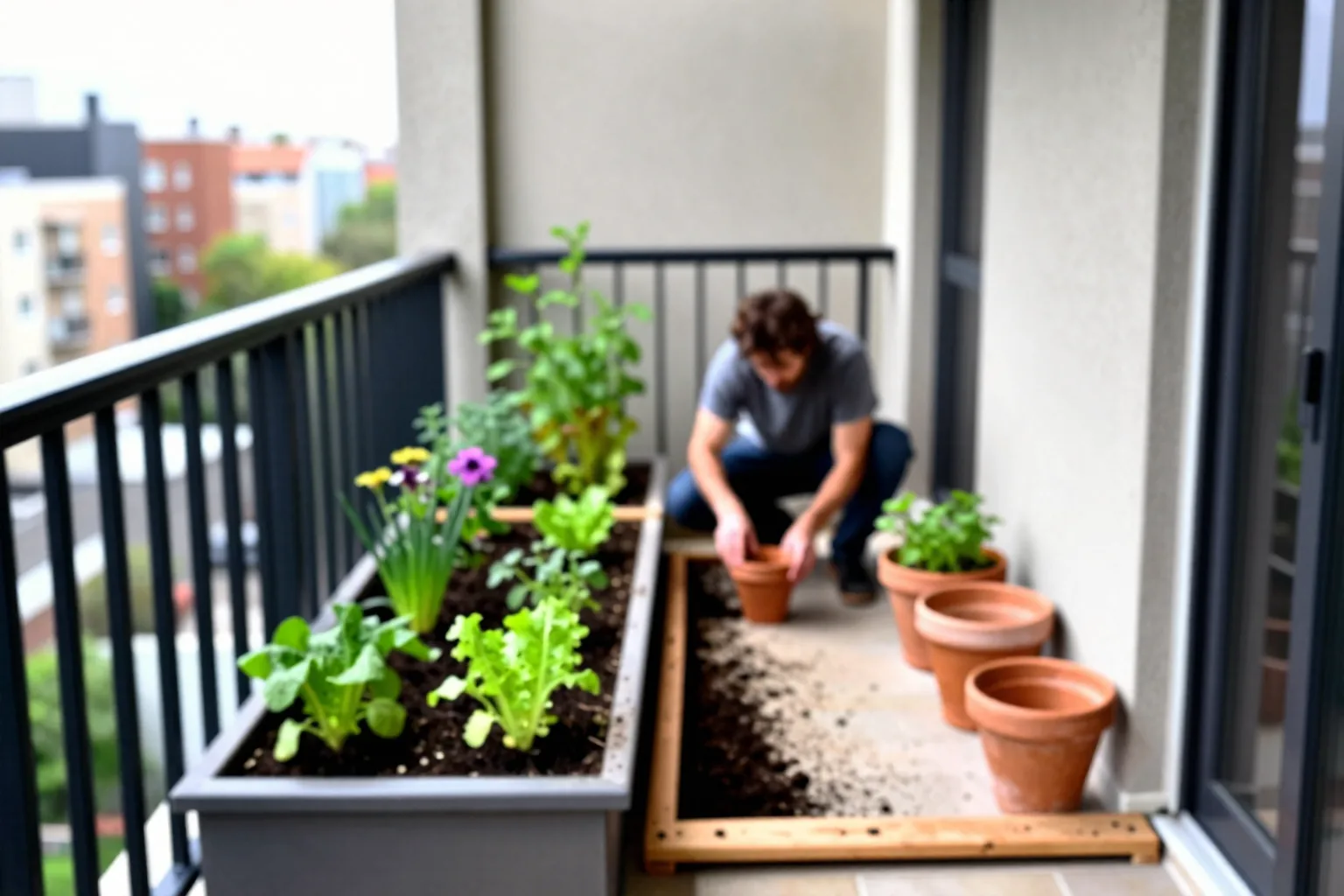 Balcony floor and railing marked with tape, pots and distinct afternoon shadows