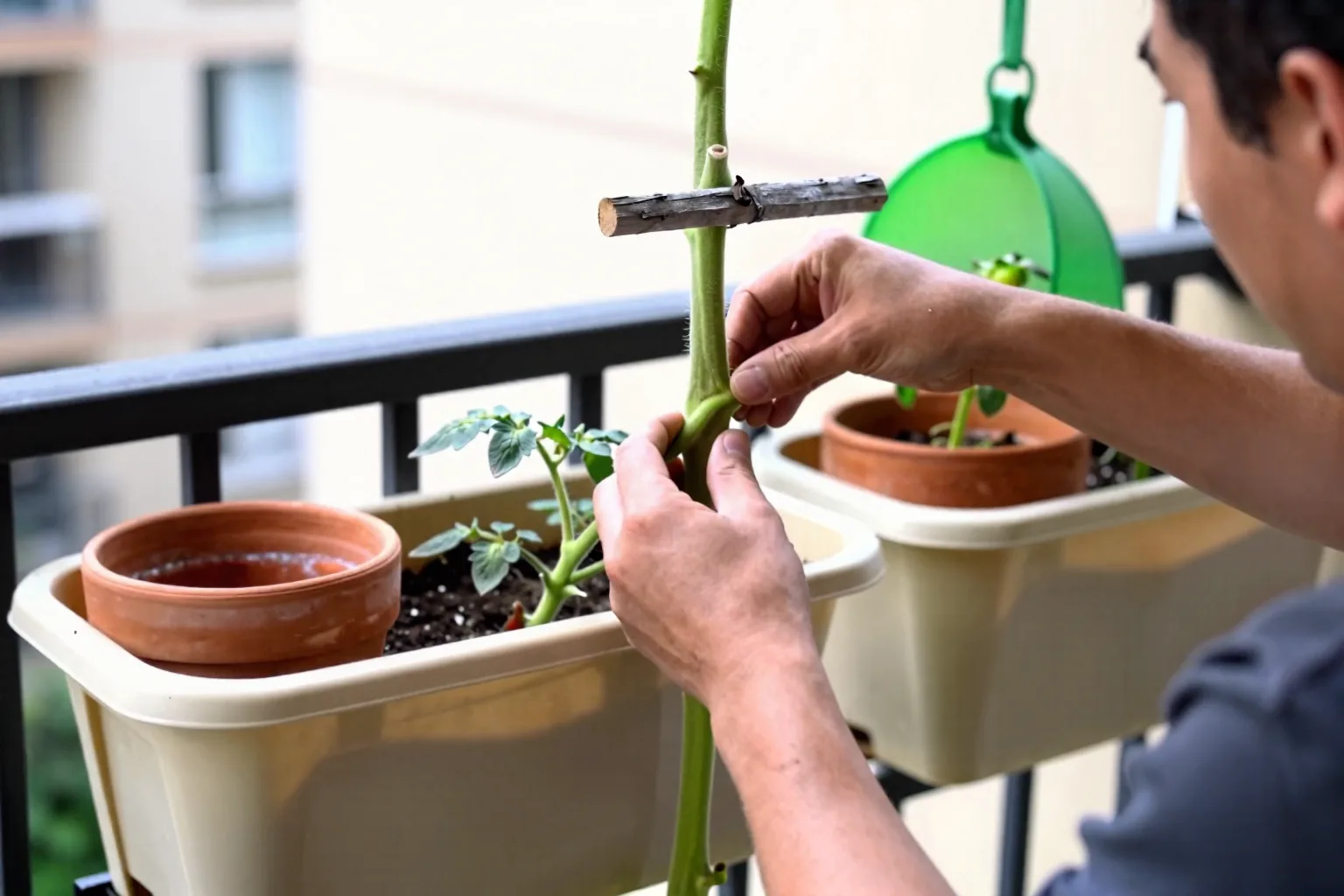 A hand ties a tomato plant to its support among hanging, floor, and strawberry containers on a balcony.