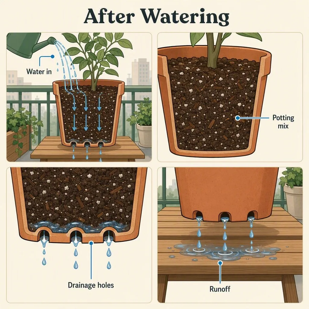 Cutaway pot shows potting mix above open drainage holes with water exiting below