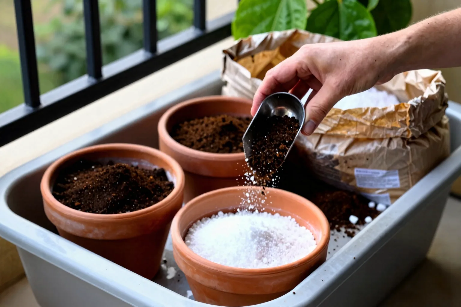 Buckets of base material, perlite and compost sit beside a pot ready for mixing.