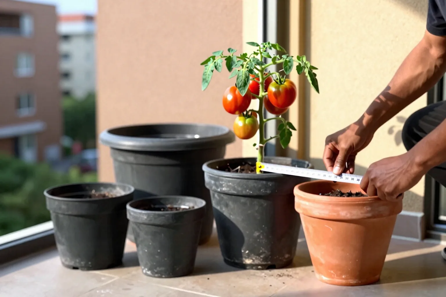 Three tomato plants sit in small, medium and large pots on a balcony.