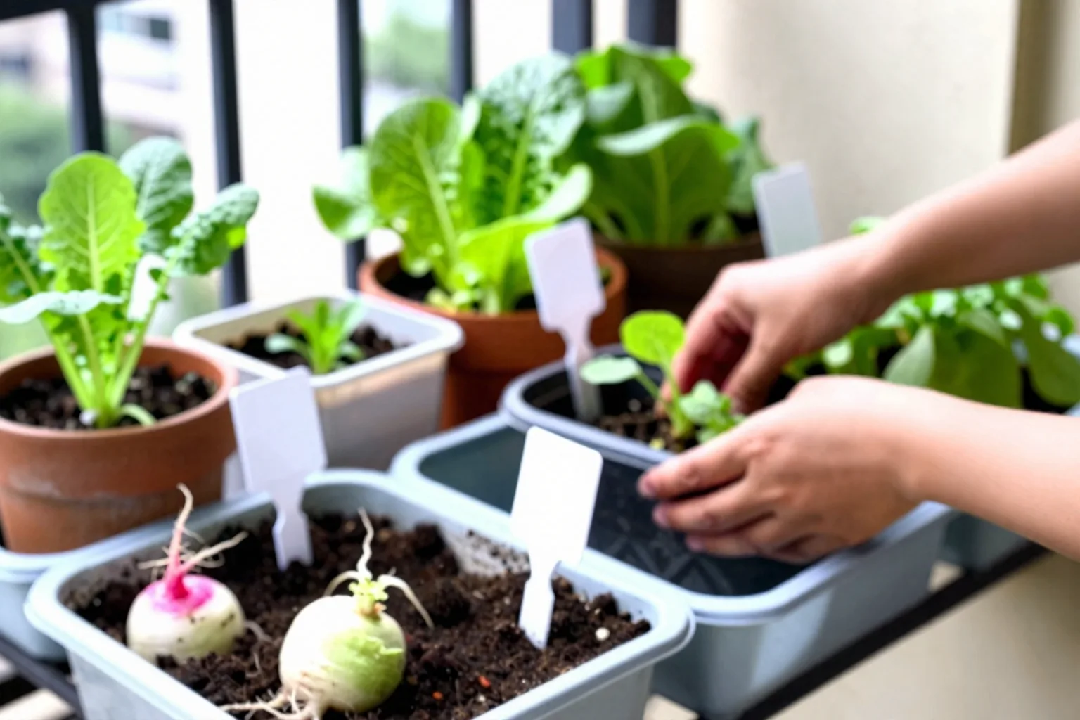 Labeled pots of leafy greens, roots and fruiting vegetables on a balcony.