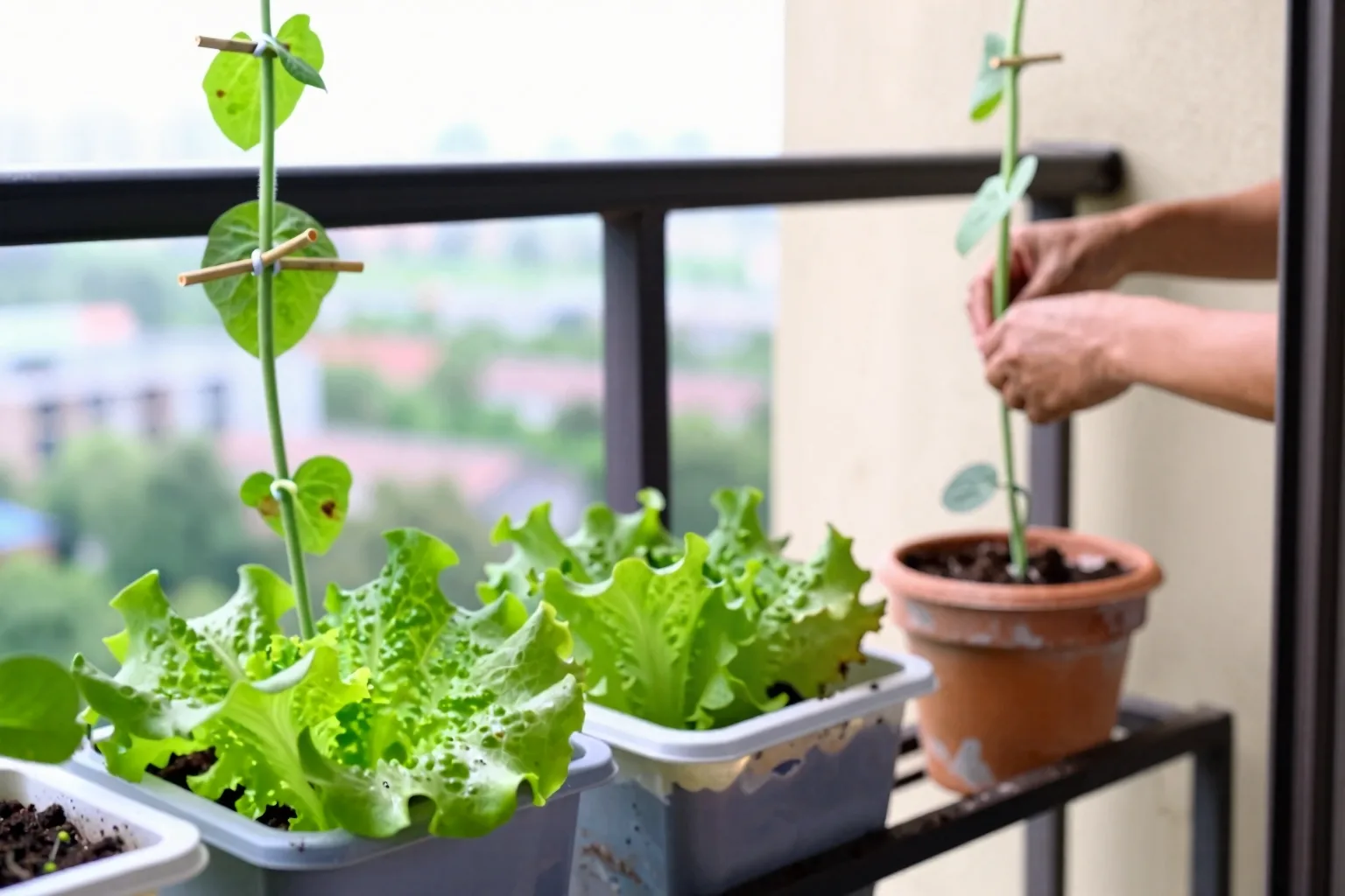 Pea, bean and cucumber vines climbing separate supports in containers.