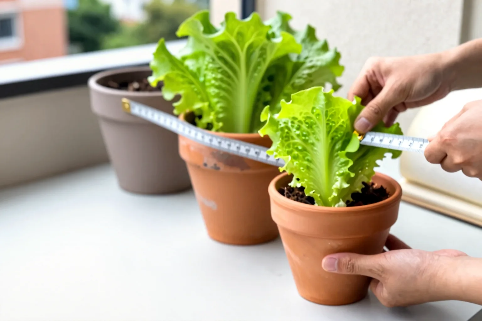 Vegetable seedlings sit beside three pots and a tape measure on a balcony.