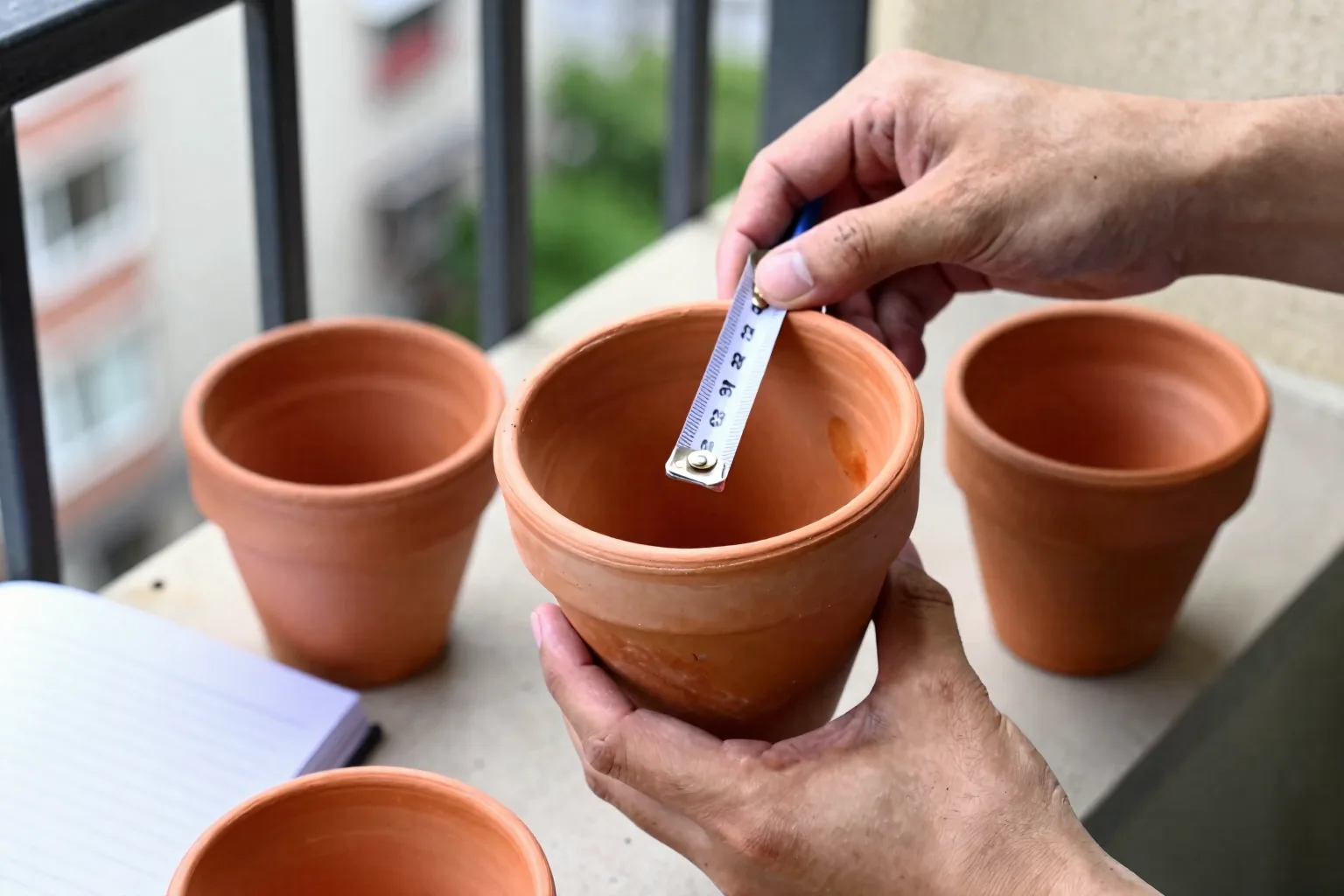 An empty vegetable pot shows drainage holes beside potting mix and a support stake.