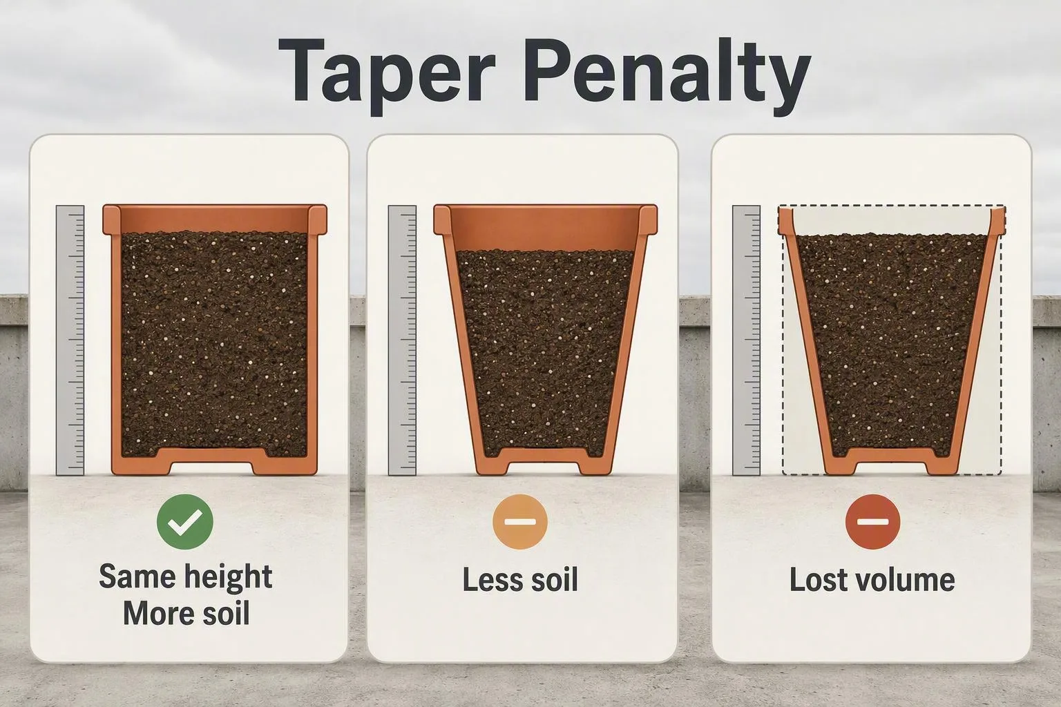 Cutaway pots show that sloping walls leave less soil volume than straight walls of the same height.