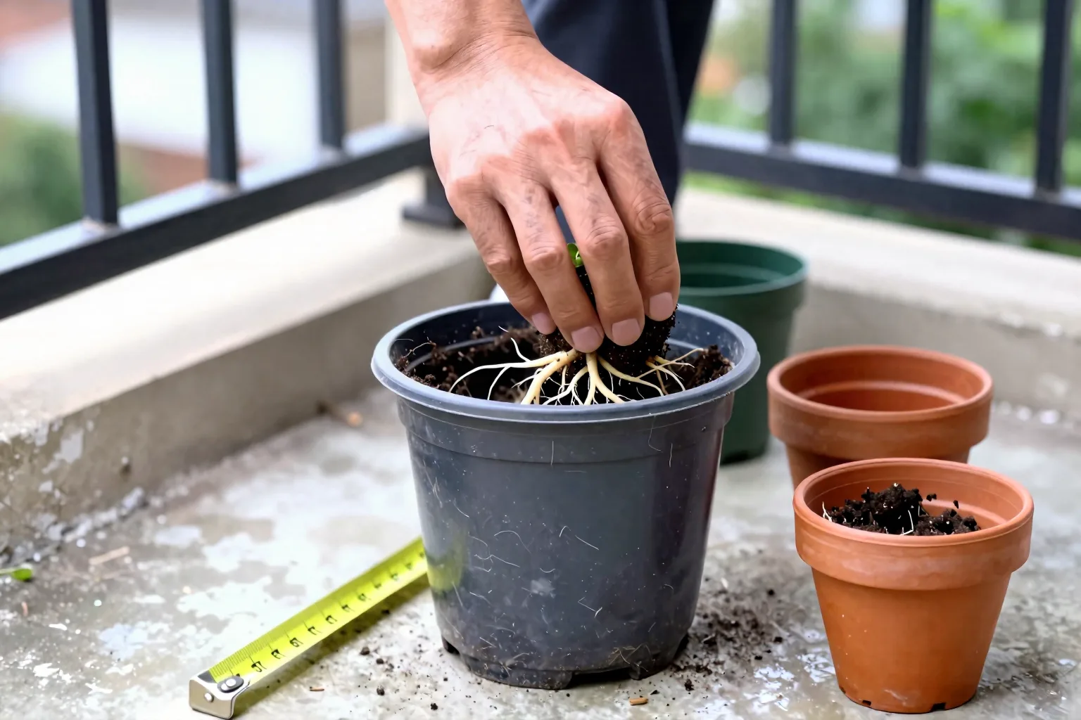 A tomato rootball tipped out of its pot, with pale roots wound tightly around the base and sides.