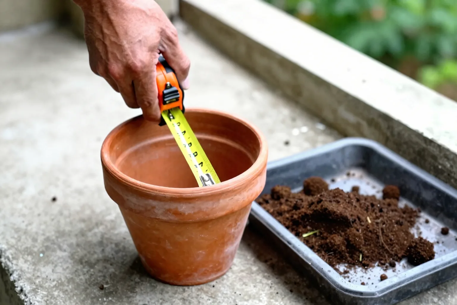 Hands holding a tape measure down inside an empty terracotta pot to check its internal depth.