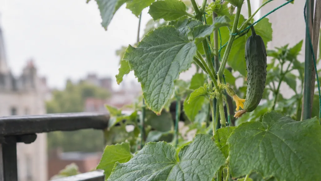 A cucumber vine has two yellow lower leaves below fresh green growth, showing a limited change rather than a failing plant.