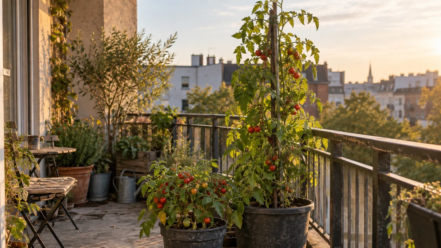 A compact bush tomato and a taller staked vine show two ways to grow tomatoes on a small balcony.