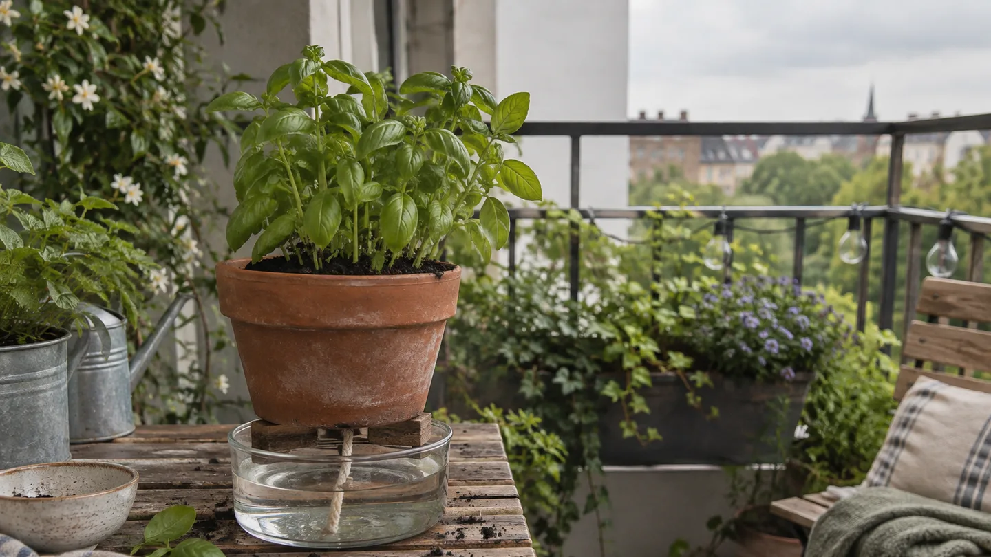 A terracotta planter’s cotton wick dips into the water reservoir beneath it.