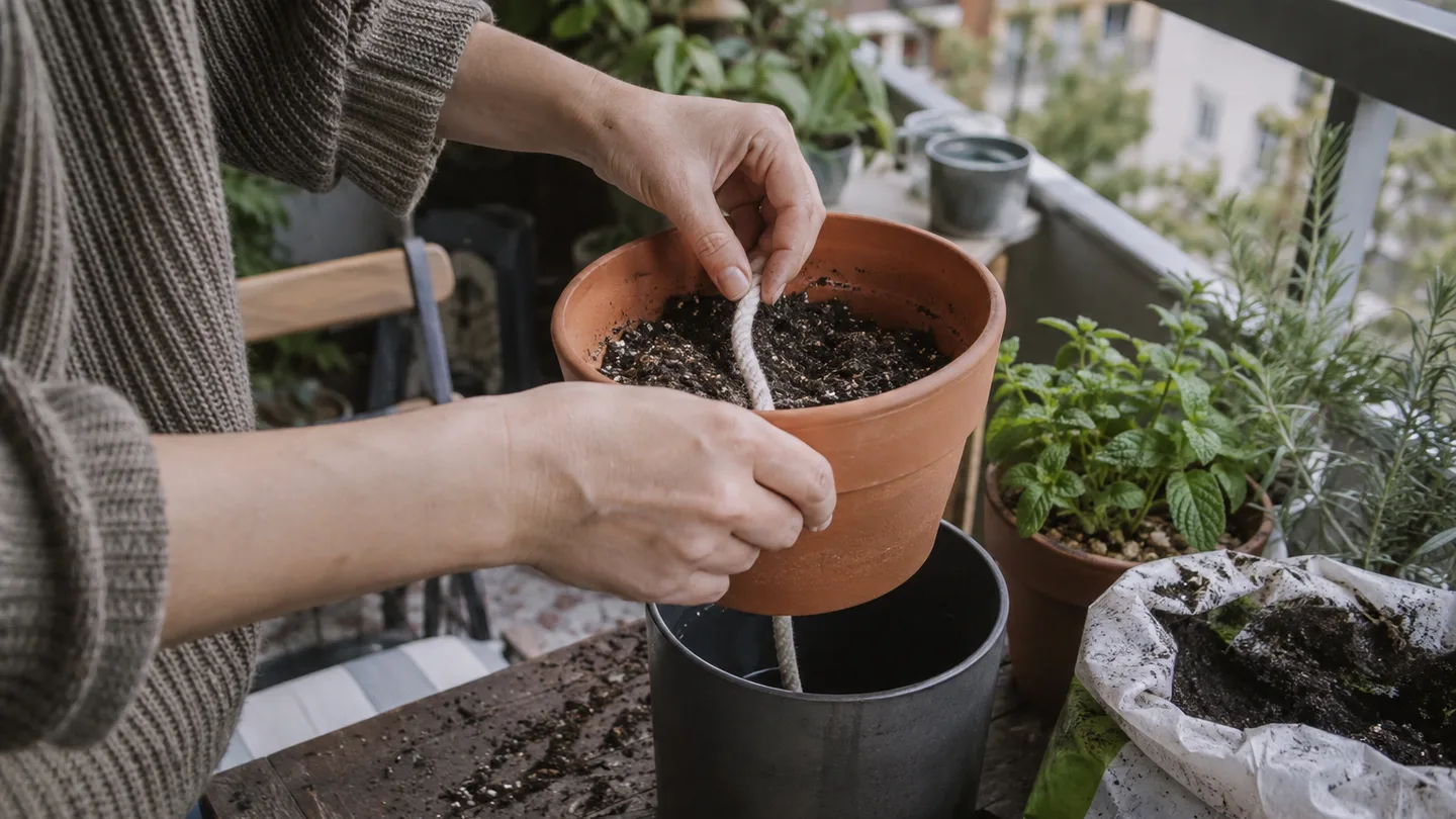 A hand lays a cotton wick through the inner pot and into the mix above the water reservoir.