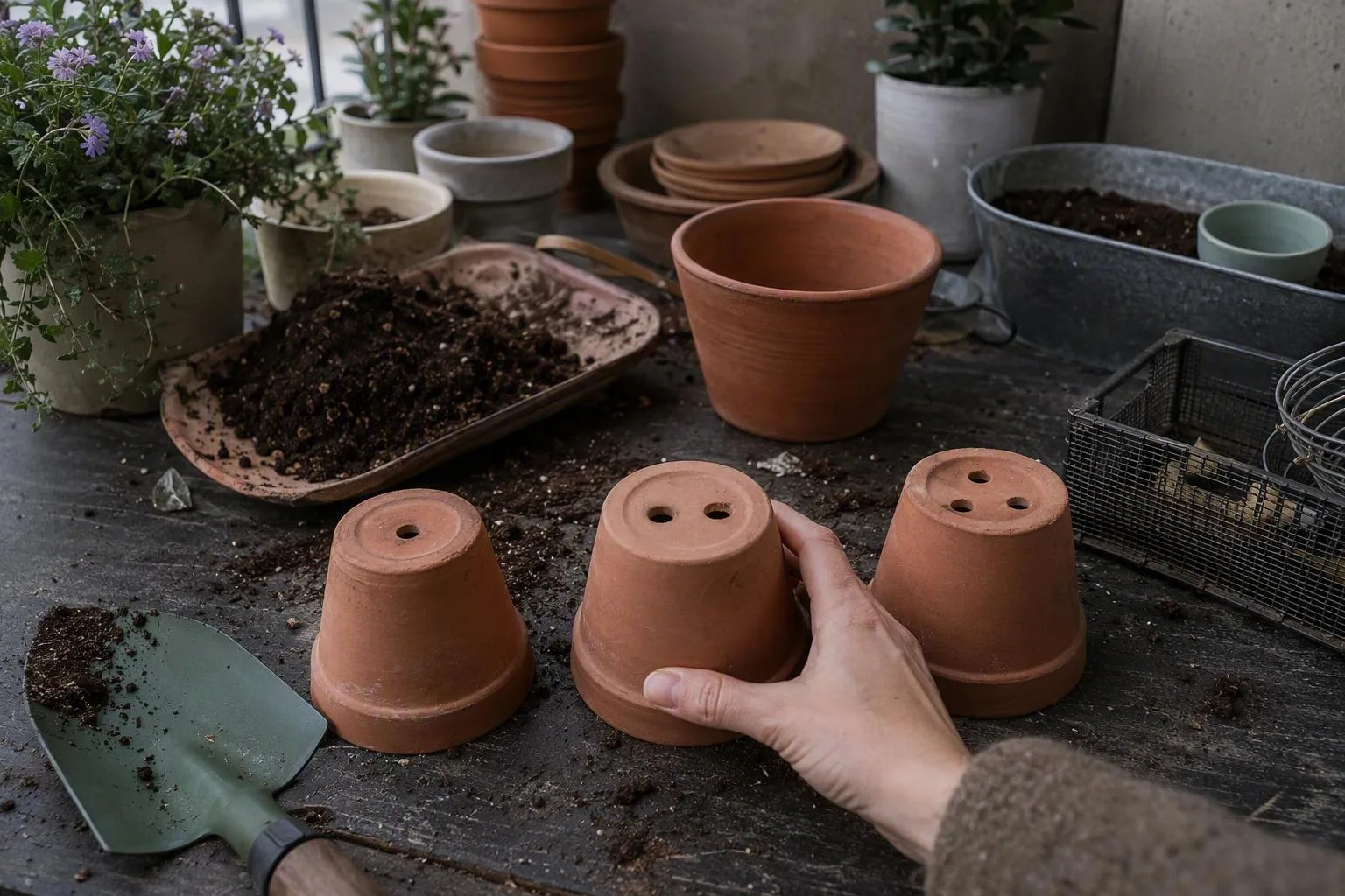 Three ordinary pots are turned over to show one, two, and three openings for excess water.