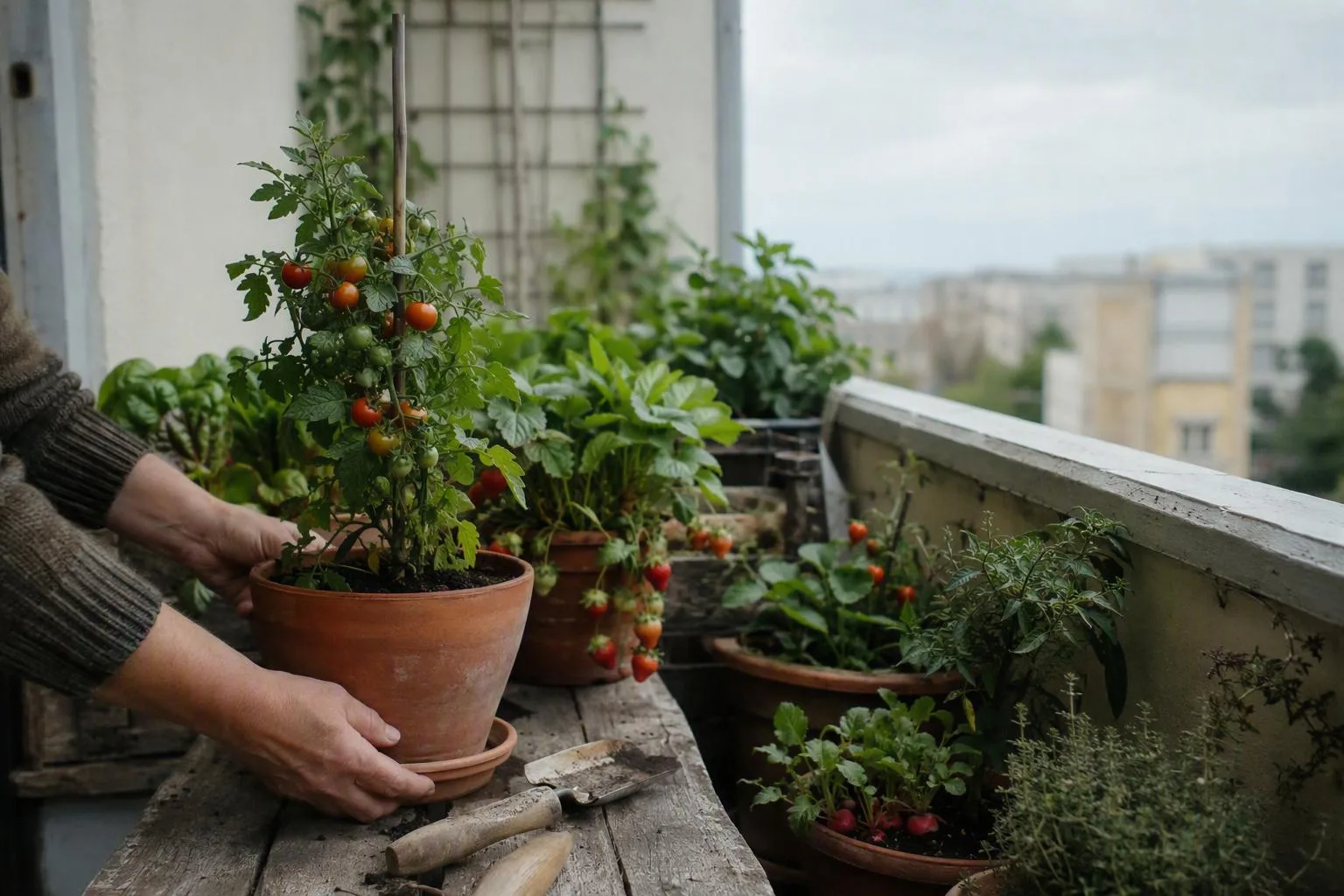 Small edible plants sit in pots across a balcony with sunny and shaded areas.