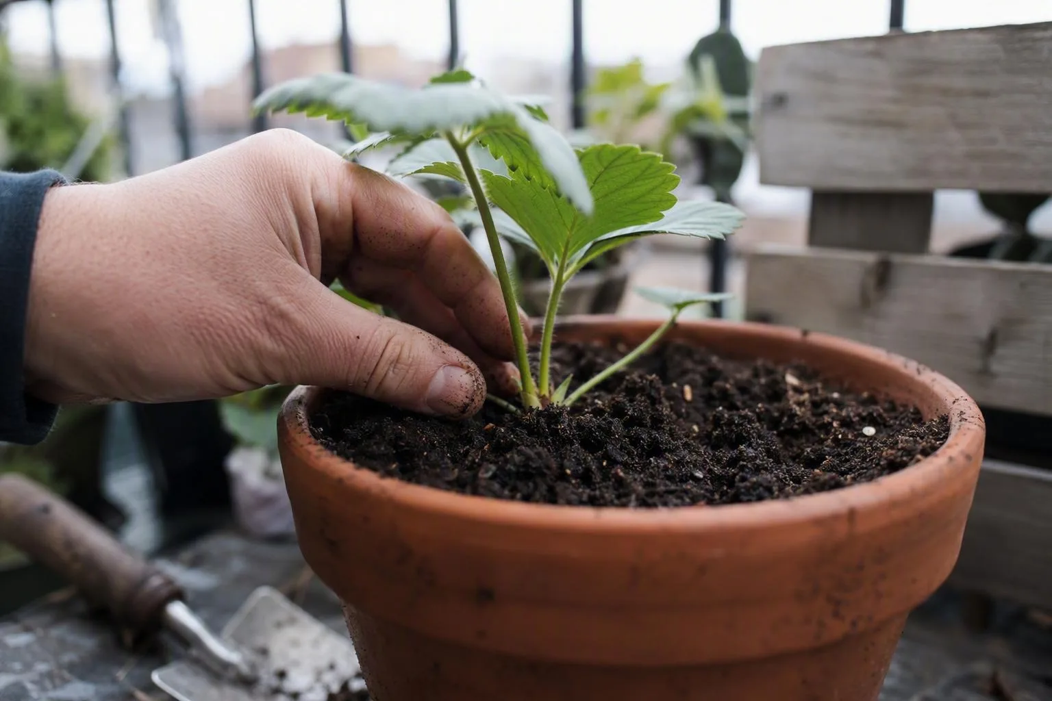 A strawberry plant sits in a pot with its crown level with the potting mix.
